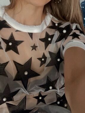 Embroidered Star Sheer Top - Black Stars on White See Through